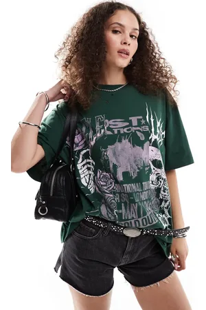 ASOS Nibbled oversized t-shirt with cutabout rock graphic in dark