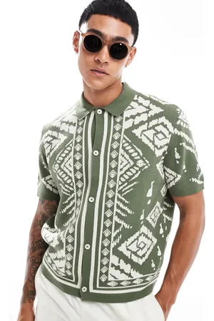 ASOS Relaxed lightweight knitted shirt with bandana border print in khaki