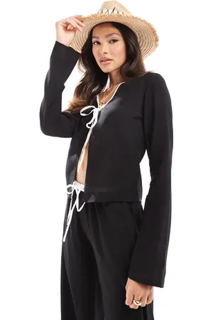 Kaiia Linen tie front contrast trim beach shirt in