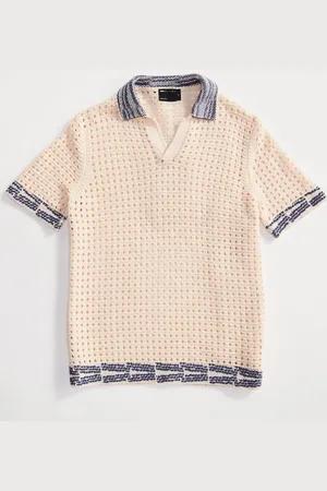 ASOS Knitted crochet notch neck polo in ecru with contrast trims
