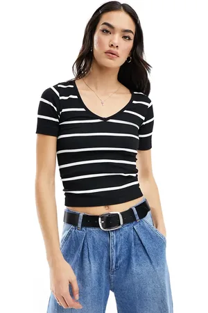 MANGO V neck stripe t-shirt in