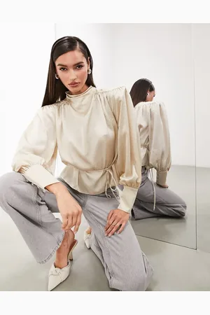 ASOS Hammered satin bold shoulder cropped blouse with removable tie in ivory