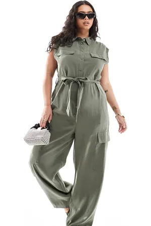 MANGO Curve sleeveless tie waist jumpsuit in khaki