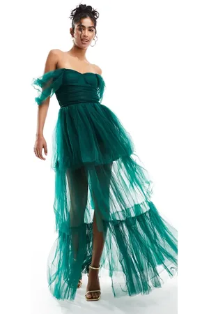 Lace & Beads Off shoulder tulle high low maxi dress in forest
