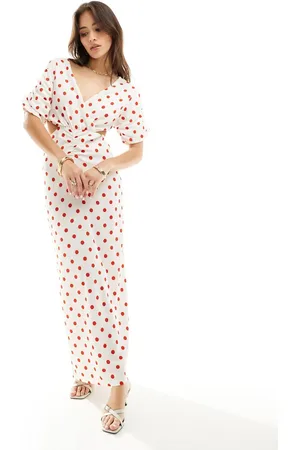 Y.A.S Cut out side maxi dress with puff sleeve in white and red spot