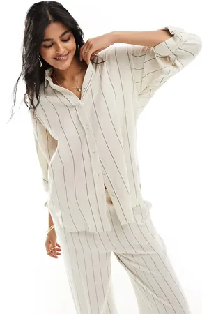 Stradivarius Linen look stripe shirt in natural