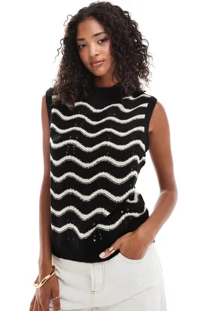 VILA Open detail knitted vest with squiggle stripe in and beige