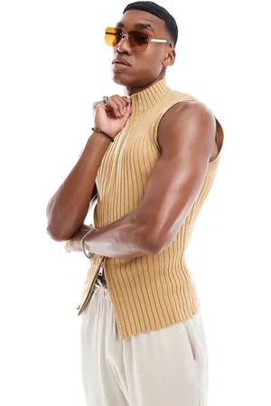 ASOS Muscle fit knitted sleeveless zip through in tan rib