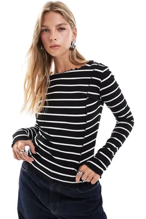 Brave Soul Long sleeve lettuce hem top in and white stripe