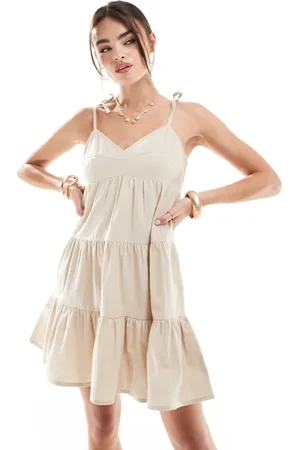 Brave Soul Tiered linen look mini dress in stone