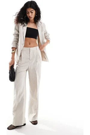 MANGO Linen mix stripe straight leg co-ord trousers in beige