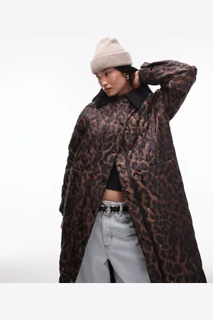 Topshop Leopard long nylon coat with cord collar in