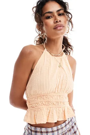Monki Seersucker halter neck open back top with frill detail in coral