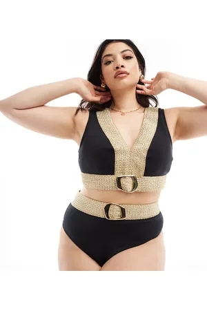 River Island High waisted bikini bottom with buckle detail in gold and