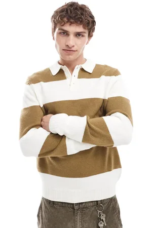 ASOS Knitted rugby polo in ecru and khaki stripe
