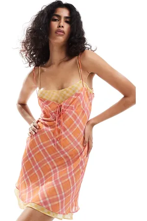MANGO Check tie front mini dress in orange and