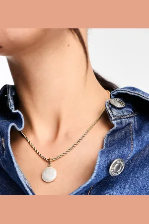 Orelia 18k plated flat faux pearl and rope chain necklace