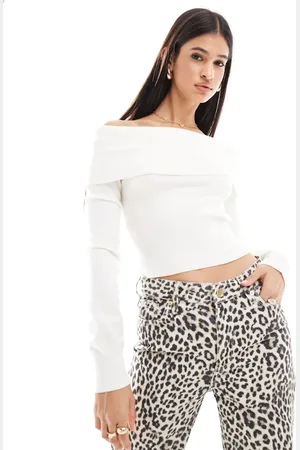 Bershka Bardot knitted jumper in ecru