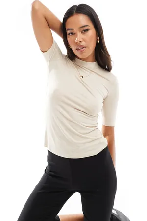 MANGO Soft touch high neck t-shirt in beige