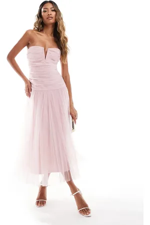 Lace & Beads Drop hem tulle midaxi dress in powder