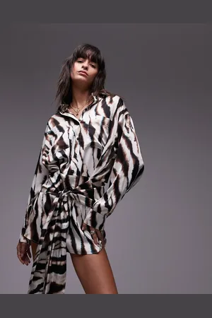 Topshop Tie waist mini shirt dress in blurred animal