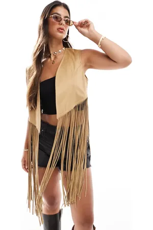 Stradivarius Western vest with fringe detail in stone
