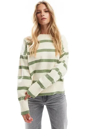 Pull&Bear Chenille knitted jumper in white and khaki stripe