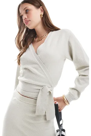 Pretty Lavish Boucle knit wrap top co-ord in stone