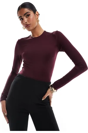 Stradivarius Long sleeve polyamide bodysuit in burgundy