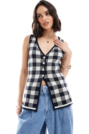 ASOS Knitted split front v neck waistcoat in navy gingham