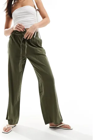 JDY Wide leg belted linen trousers in khaki