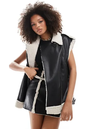 SNDYS Leather look contrast borg detail gilet co-ord in