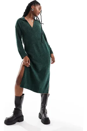 JJXX Knitted polo maxi jumper dress in dark