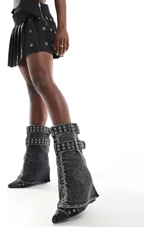 AZALEA WANG Qistina buckle foldover boots in denim