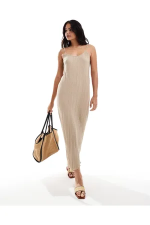 VERO MODA Plisse jersey maxi dress with asymmetric hem in beige