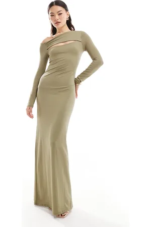 ASOS Sculpting jersey long sleeve maxi dress with cut out detail in light khaki