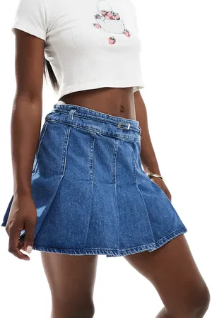 ASOS Denim pleated mini skirt with belt in midwash