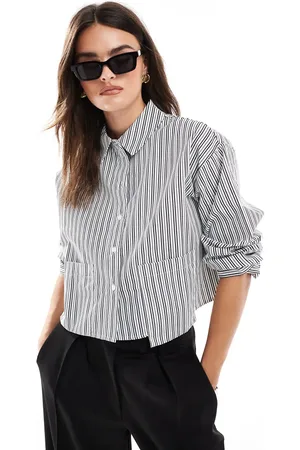 Pieces® Cropped boxy shirt with pocket detail in charcoal stripe