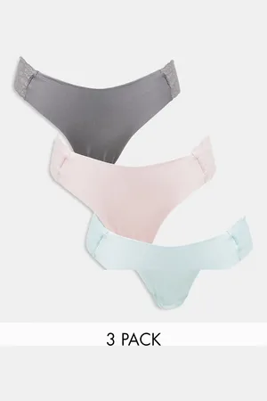 ASOS 3 pack no VPL & lace side thong in baby pink, blue & grey