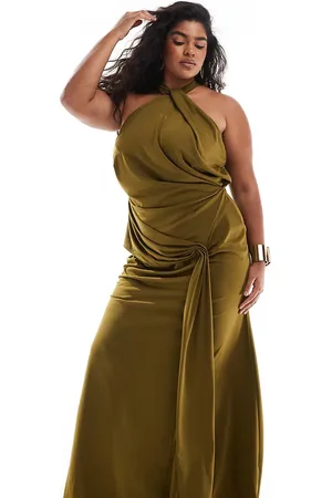 ASOS ASOS DESIGN Curve premium halter neck maxi dress with hitched sash detail in dark