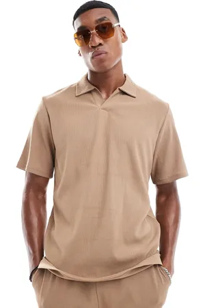 JACK & JONES Co-ord revere collar plisse polo in khaki