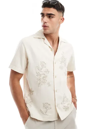 JACK & JONES Revere collar twill shirt with embroidery in ecru