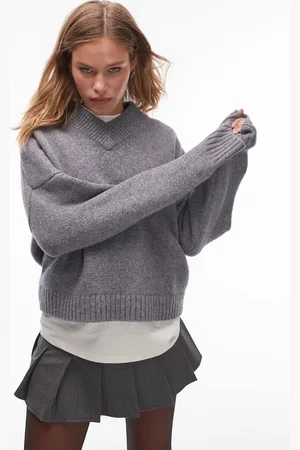 Topshop Knitted premium 100% lambswool v-neck relaxed jumper in dark