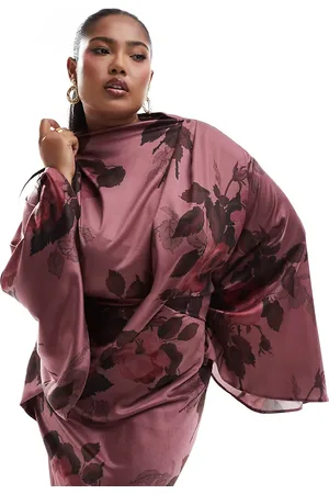 ASOS ASOS DESIGN Curve satin wrap maxi dress with drape bodice and kimono sleeve in pink floral