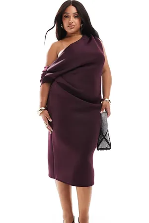 ASOS ASOS DESIGN Curve fallen shoulder pleat midi dress in aubergine
