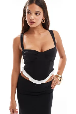 Bershka Contrast hem square neck top in and white