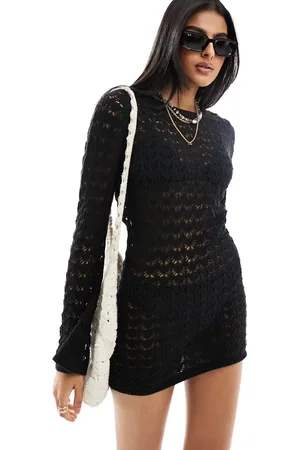 Miss Selfridge Crochet low back long sleeve mini dress in