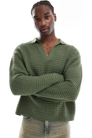 ASOS Oversized boxy knitted long sleeve polo shirt with texture in teal