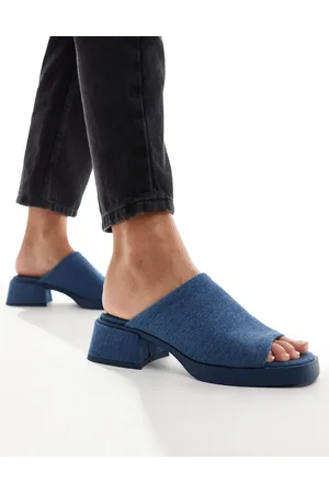 London Rebel Chunky low heeled mules in denim