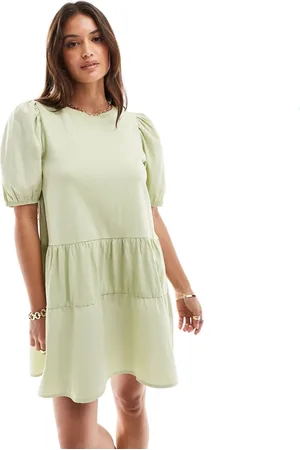 Brave Soul Puff sleeve tier dress in sage